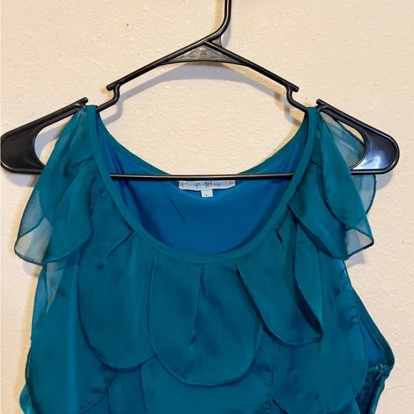 Elegant Teal Midi Dress w/Petal like Collar and Tweed Skirt. Sleeveless. Size L - Picture 2 of 4